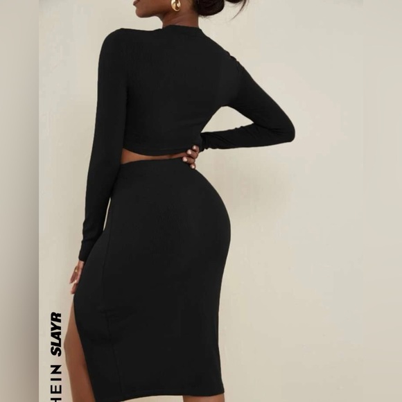 NWOT Black Stand Neck Crop Top & Split Thigh Skirt. - Picture 2 of 3